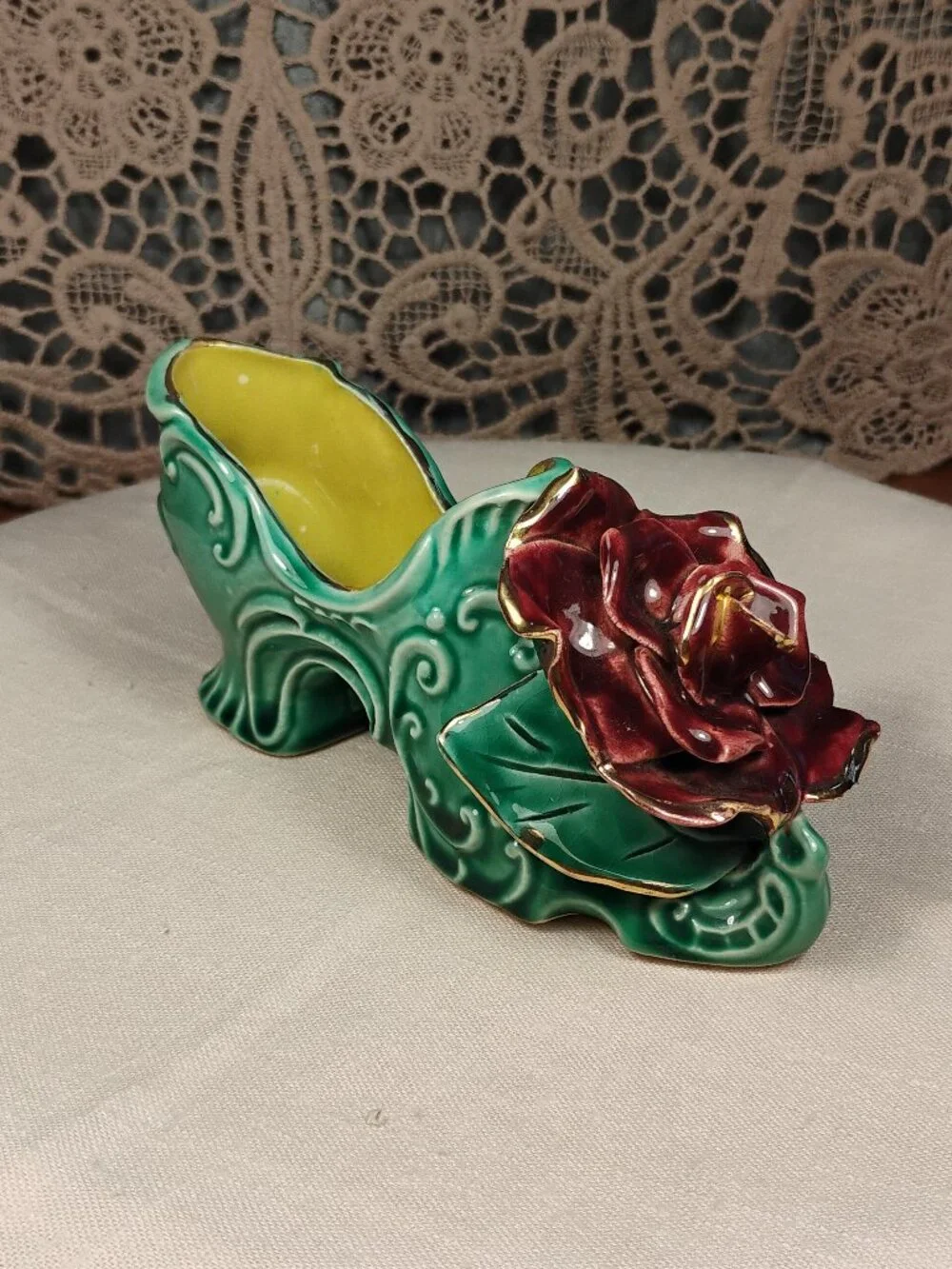Vintage Shoe Slipper Victorian Green with Gold Accents on the Shoe and Rose!